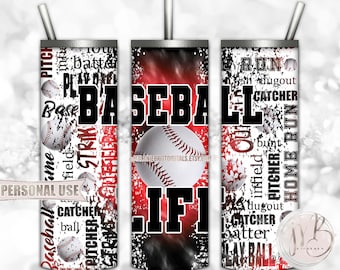Baseball Life 20oz Skinny Tumbler Wrap Sublimation Download • Red and Black Tie Dye Typography Baseball Gift • DIY Print and Press
