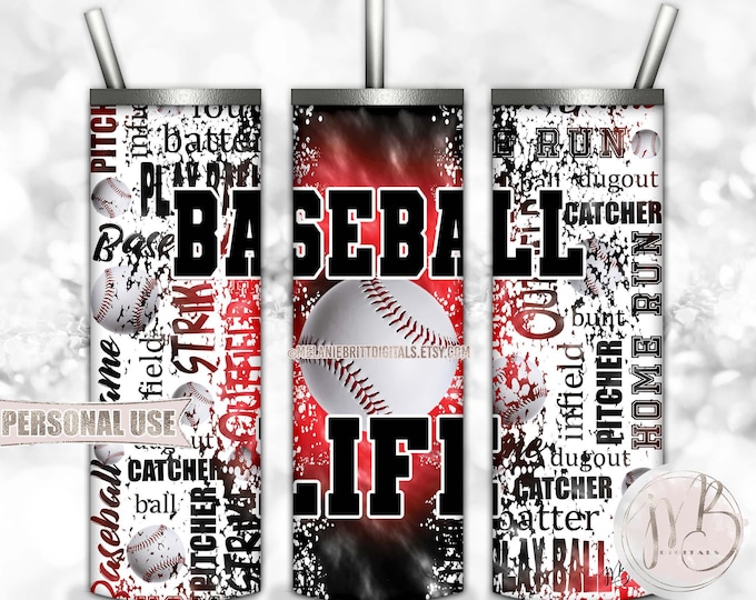 Baseball Life 20oz Skinny Tumbler Wrap Sublimation Download • Red and Black Tie Dye Typography Baseball Gift • DIY Print and Press