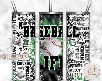 Baseball Life 20oz Skinny Tumbler Wrap Sublimation Design Download • Green and Black Tie Dye Scattered Baseballs • Sublimation Crafts