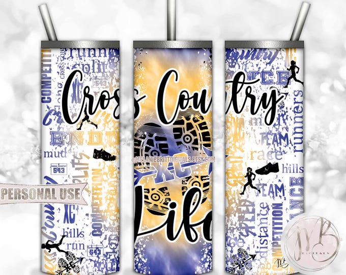 Girl Cross Country Life 20oz Skinny Tumbler Wrap Sublimation Download • Endurance Running Blue & Athletic Gold Tie Dye • DIY Print and Press