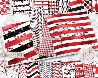 Red Shimmer Graduation Scrapbook Paper Download • Glitter Mortarboards Confetti and Stars • DIY Printable Paper Crafts 20 12x12 JPG & PDF