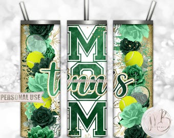 Floral Tennis Mom 20oz Skinny Tumbler Wrap Sublimation Download • Green Flowers Gold Splatter Sports Mom Gift • DIY Print and Press