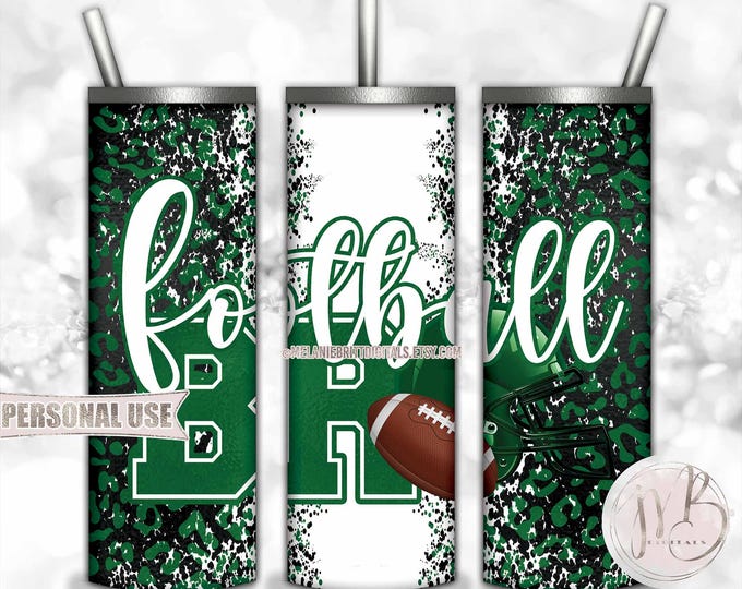 Green Football Brother 20oz Skinny Tumbler Wrap Sublimation Design • Football Helmet Leopard Print Sports Bro Gift • DIY Print & Press