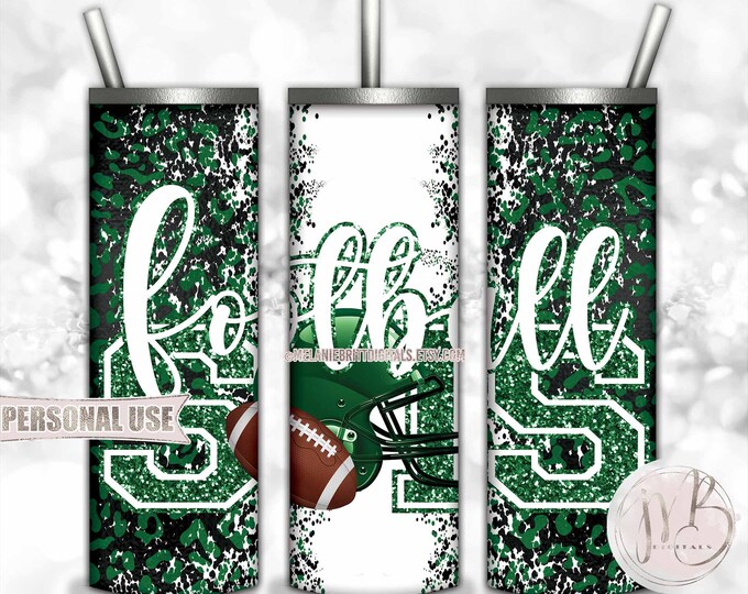 Green Football Sister 20oz Skinny Tumbler Wrap Sublimation Design • Football Helmet Leopard Print Sports Sis Gift • DIY Print and Press