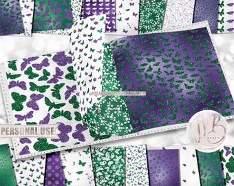 Purple and Green Butterflies Scrapbook Paper Download • Cute Butterflies Springtime Glitter Foil • Printable Paper Crafts 20 12x12 JPG & PDF