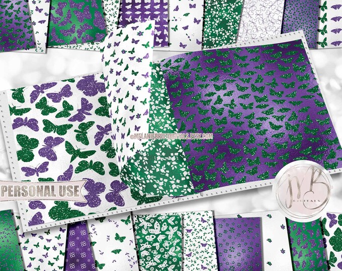 Purple and Green Butterflies Scrapbook Paper Download • Cute Butterflies Springtime Glitter Foil • Printable Paper Crafts 20 12x12 JPG & PDF