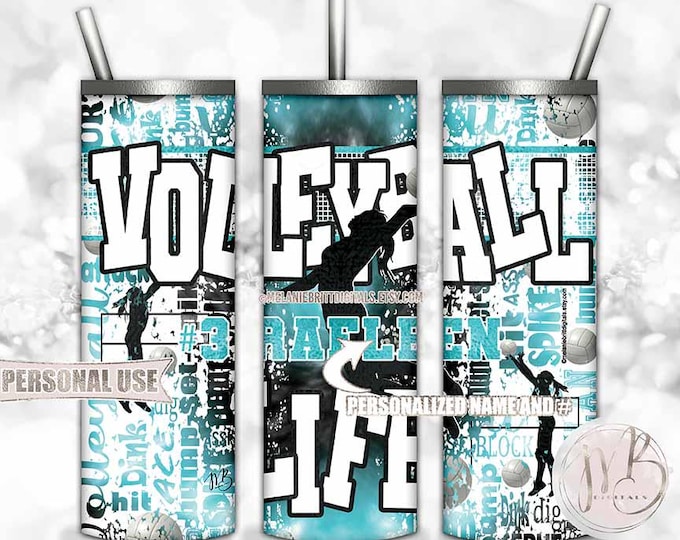 Personalized Volleyball Life Tumbler Wrap Download • Aqua Blue Tie Dye Typography Sports Gift • Sublimation Print and Press #1