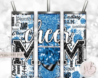 Baby Blue Cheer Mom Glitter 20oz Skinny Tumbler Wrap Sublimation Download • Typography Pom Megaphone Cheer Mom Gift • DIY Print & Press