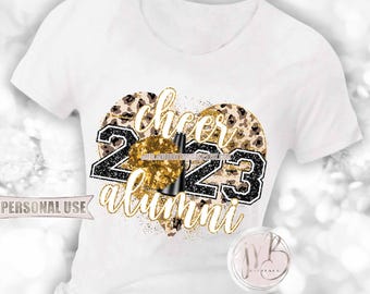 Athletic Gold Cheer Alumni 2023 Heart T-Shirt Sublimation Design • Pom Pom Megaphone Leopard Glitter Alumni Night Gift • DIY Print and Press