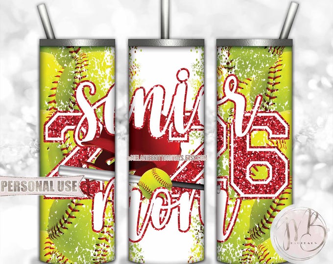 Red Softball Senior 2026 Mom 20oz Skinny Tumbler Wrap Sublimation Download • Softball Helmet Glitter Senior Mom Gift • DIY Print and Press