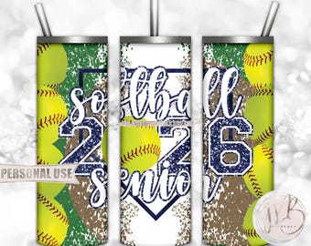 Navy Glitter Softball Senior 2026 20oz Skinny Tumbler Wrap Sublimation Design • Varsity Softball Senior Graduate Gift • DIY Print and Press
