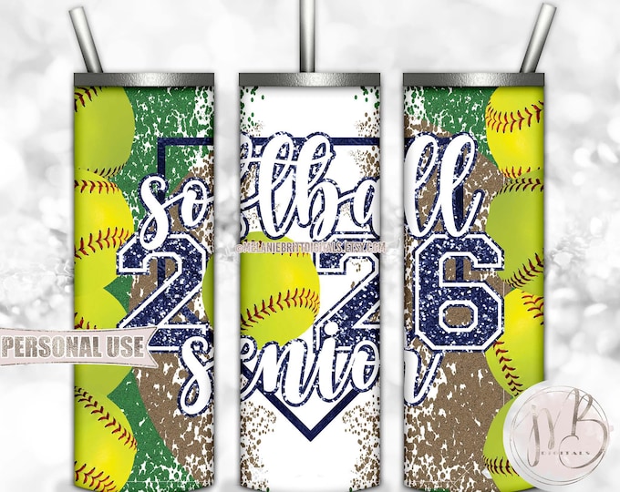 Navy Glitter Softball Senior 2026 20oz Skinny Tumbler Wrap Sublimation Design • Varsity Softball Senior Graduate Gift • DIY Print and Press