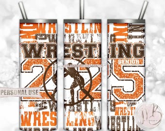 Orange and Brown Girl Wrestling Senior 2025 20oz Skinny Tumbler Wrap Sublimation Design • Wrestler Grad Gift Typography • DIY Print & Press