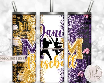 Mom of Both Baseball and Dance 20oz Skinny Tumbler Wrap Sublimation Design Download • Purple and Athletic Gold Glitter • DIY Print and Press