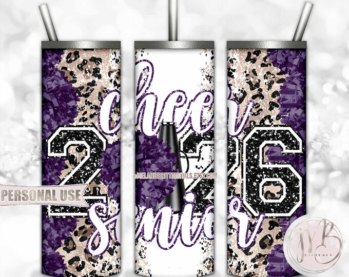 Purple Cheer Senior 2026 20oz Skinny Sublimation Tumbler Wrap Design • Pom Pom Megaphone Classic Leopard Print • DIY Print and Press