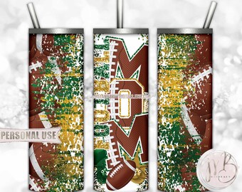 Football Mom 20oz Skinny Tumbler Wrap Sublimation Design Download • Green Athletic Gold Football Helmets Sports Mom Gift • DIY Print & Press