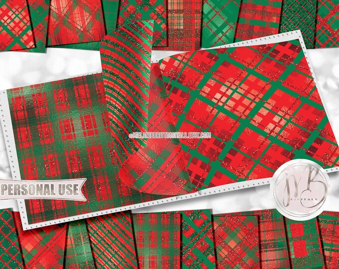 Christmas Shimmer Plaid Scrapbook Paper Download • Sparkling Glitter and Shimmering Foil • DIY Printable Paper Crafts 20 12x12 JPG & PDF