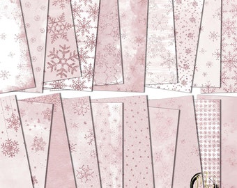 Pink Winter Scrapbook Paper Download • Glitter Snowflakes and Watercolor Design • Printable Paper Crafts 20 12x12 JPG