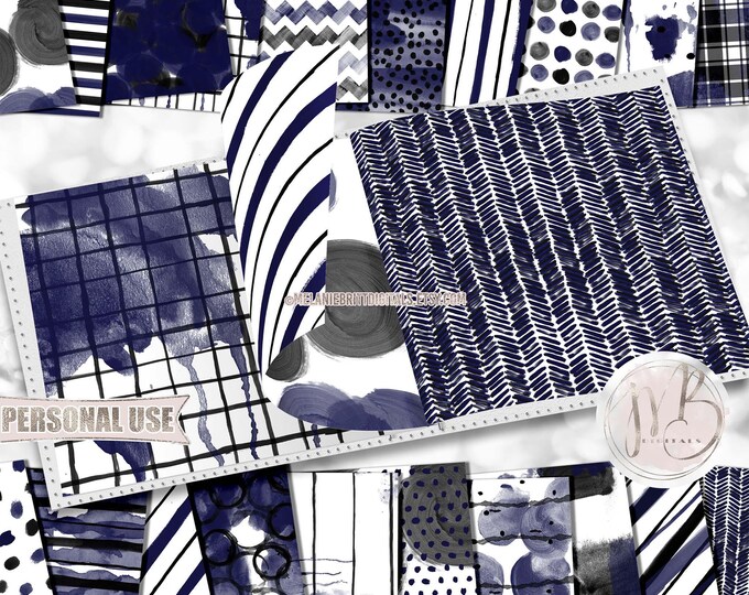 Navy and Black Watercolor Scrapbook Paper Design Download • Patterned Watercolor Paint Design • Printable Paper Crafts 20 12x12 JPG & PDF