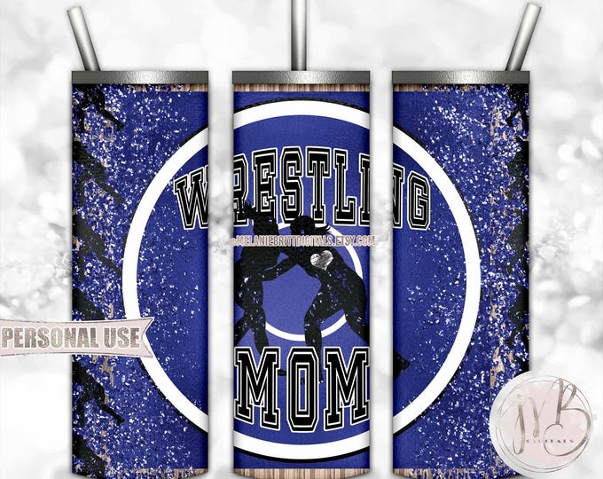 Blue Girl Wrestling Mom 20oz Skinny Tumbler Wrap Sublimation Design Download • School Wrestling Match Wrestler Mom Gift • DIY Print & Press