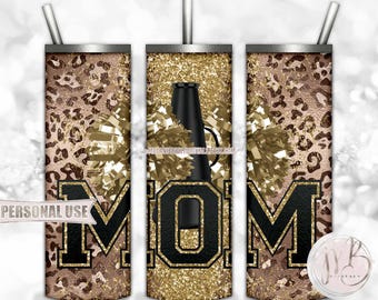 Gold Cheer Mom 20oz Skinny Tumbler Sublimation Design • Classic Leopard Pom Poms Megaphone Glitter Mom Gift • DIY Print & Press