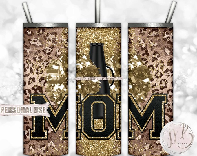 Gold Cheer Mom 20oz Skinny Tumbler Sublimation Design • Classic Leopard Pom Poms Megaphone Glitter Mom Gift • DIY Print & Press