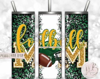 Green Athletic Gold Football Mom 20oz Skinny Tumbler Wrap Sublimation Design Download • Football Helmet Leopard Mom Gift • DIY Print & Press