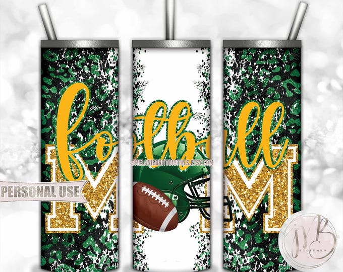 Green Athletic Gold Football Mom 20oz Skinny Tumbler Wrap Sublimation Design Download • Football Helmet Leopard Mom Gift • DIY Print & Press