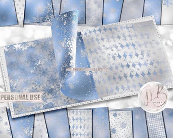 Winter Blues Snowflake Scrapbook Paper Download • Embossed Snowflakes and Shimmering Foil Design • Printable Paper Crafts 20 12x12 JPG & PDF