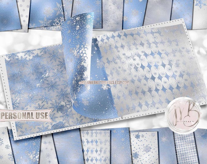 Winter Blues Snowflake Scrapbook Paper Download • Embossed Snowflakes and Shimmering Foil Design • Printable Paper Crafts 20 12x12 JPG & PDF
