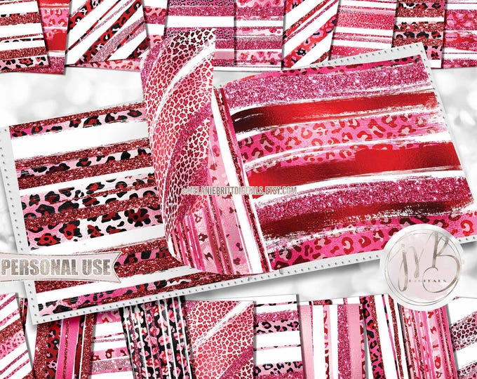 Valentines Leopard Stripes Scrapbook Paper Download • Glitter and Foil Brush Stroke Design • DIY Printable Paper Crafts 20 12x12 JPG & PDF