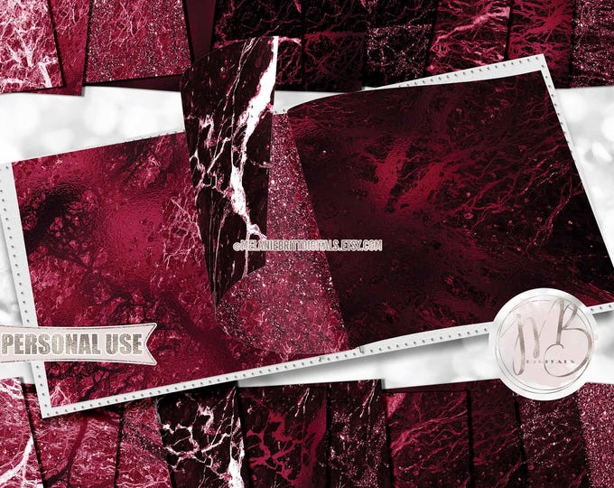 Burgundy Marble Scrapbook Paper Download • Realistic Stone Glitter and Foil Cracked Vein Design • Printable Paper Crafts 20 12x12 JPG & PDF