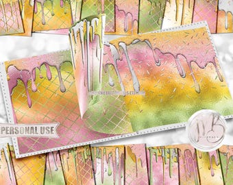Sherbet Drips Scrapbook Paper Download • Dripping Ice Cream Dessert Sprinkles Birthday Party • Printable Paper Crafts 20 12x12 JPG & PDF