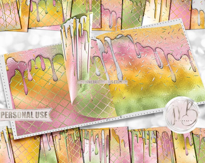 Sherbet Drips Scrapbook Paper Download • Dripping Ice Cream Dessert Sprinkles Birthday Party • Printable Paper Crafts 20 12x12 JPG & PDF