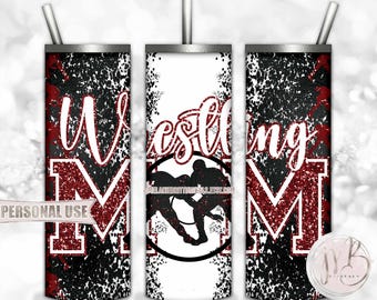 Maroon Boy Wrestling Mom 20oz Skinny Tumbler Wrap Sublimation Design • Glitter Varsity Letters Wrestler Mom Gift • DIY Print and Press