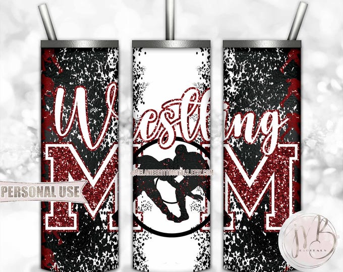 Maroon Boy Wrestling Mom 20oz Skinny Tumbler Wrap Sublimation Download • Glitter Varsity Letters Wrestler Mom Gift • DIY Print and Press