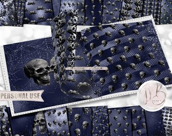 Midnight Blue Glam Skulls Scrapbook Paper Download • Sparkling Glitter and Shimmering Foil Design • Printable Paper Crafts 20 12x12 JPG PDF