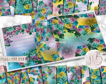 Summer Roses Scrapbook Paper Download • Floral Sparkling Glitter and Shimmering Foil Design • Printable Paper Crafts 20 12x12 JPG & PDF
