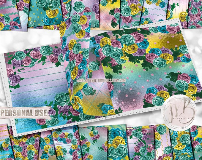 Summer Roses Scrapbook Paper Download • Floral Sparkling Glitter and Shimmering Foil Design • Printable Paper Crafts 20 12x12 JPG & PDF