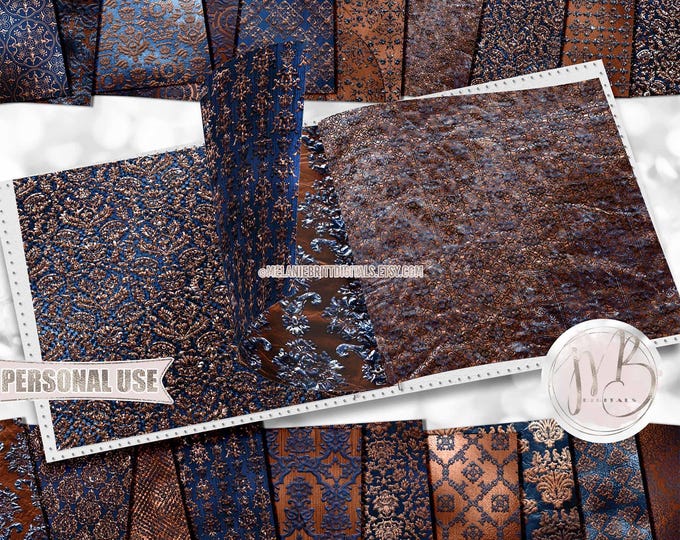 Bronze Prussian Embossed Damask Scrapbook Paper Download • Ornamental Damask Shimmering Foil • DIY Printable Paper Crafts 20 12x12 JPG & PDF