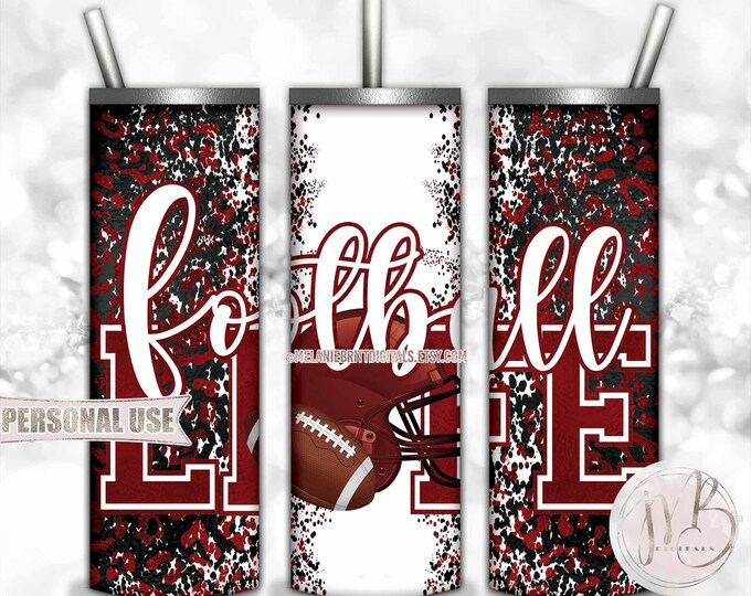Maroon Football Life 20oz Skinny Tumbler Wrap Sublimation Design • Football Helmet Leopard Print School Sports Gift • DIY Print & Press
