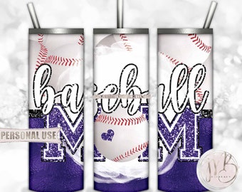 Purple Baseball Mom 20oz Skinny Tumbler Wrap Sublimation Design Download • Baseball Collage Glitter Varsity Letters • Sublimation Crafts