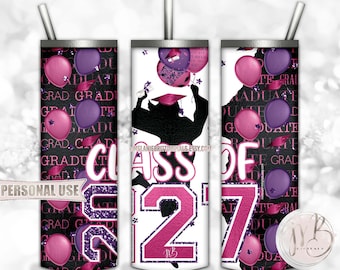 Class Of 2027 Girl Graduation Tumbler Wrap Download • Pink and Purple Colors Graduate Gift • Sublimation Print and Press