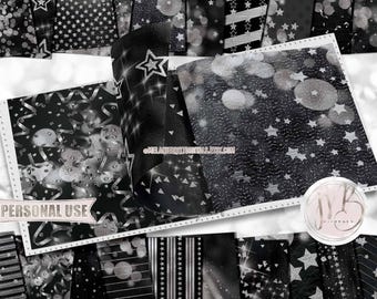 Black Formal Party Scrapbook Paper Download • Silver Stars Streamers Confetti Glitter Foil • DIY Printable Paper Crafts 20 12x12 JPG & PDF