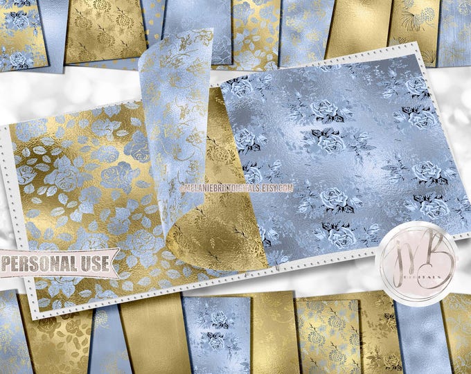 Floral Ice Blue and Gold Scrapbook Paper Download • Elegant Flowers Shiny Metallic Foil • DIY Scrapbooking Printable 20 12x12 JPG & PDF