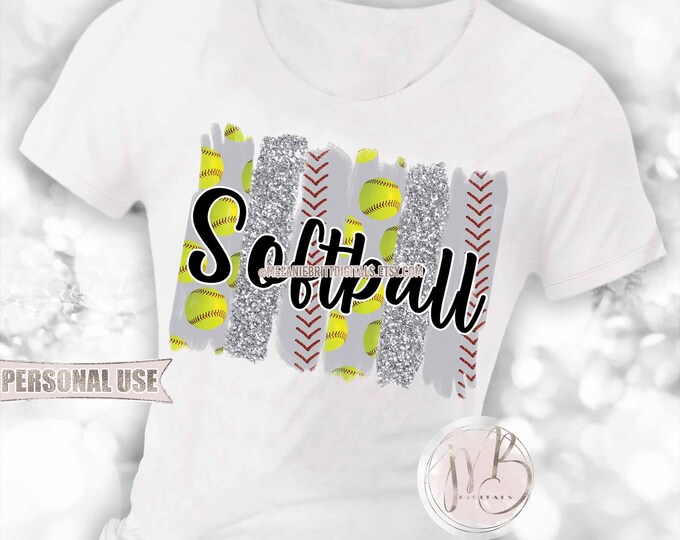 Silver Softball T-Shirt Sublimation Design Download • Glitter Sport Brush Strokes School Softball Shirt Gift • DIY Print and Press