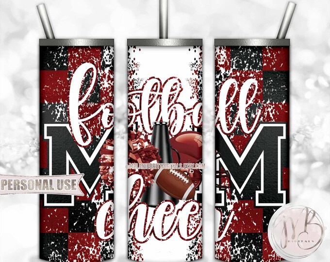 Maroon Mom of Both Football and Cheer 20oz Skinny Tumbler Wrap Sublimation Design • Checkered Mom Gift • DIY Print and Press