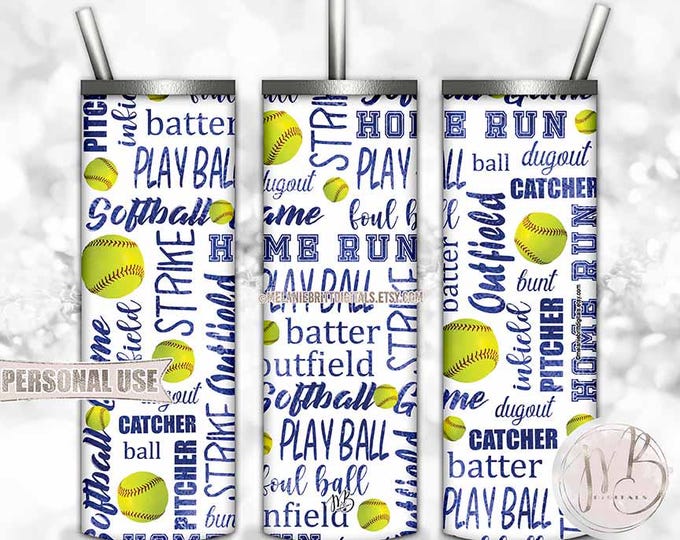 Blue Softball Words Tumbler Wrap Download • Scattered Softballs Sport Typography Softball Team Gift • Sublimation Print and Press #1