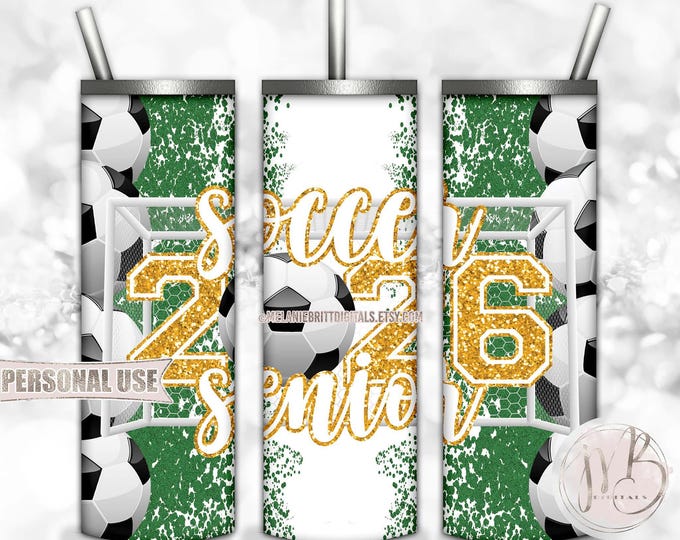 Athletic Gold Soccer Senior 2026 20oz Skinny Tumbler Wrap Sublimation Design Download • Soccer Goal Glitter Grad Gift • DIY Print and Press