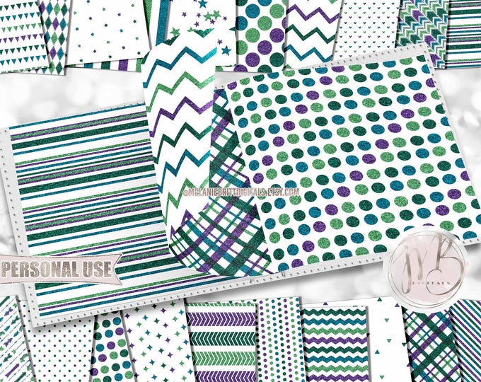 Emerald Purple Turquoise and Lime Glitter Scrapbook Paper Download • Glittery Patterned Design • Printable Paper Crafts 20 12x12 JPG & PDF